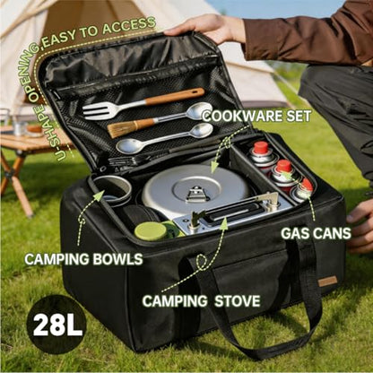 Camping Storage Bag, 28L Heavy Duty Gear Organizer for Car Trunk, Travel, Tailgating & Overlanding, Outdoor Camping Cookware Organizer