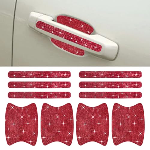 ZIMISI 10PCS Bling Car Door Handle Protector, Crystal Rhinestone Anti-Scratch Car Bowl Decoration Sticker Decal, Universal Auto Exterior Door Protective Covers Accessories for Women (Red) - color: Red
