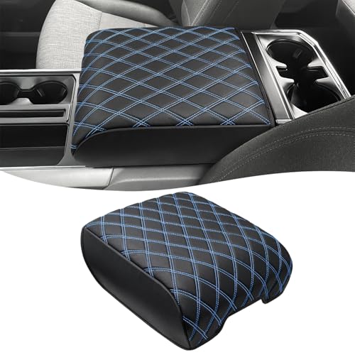 KBH Center Console Armrest Cover for 2021-2026 Ford F150, Middle Console Lid Protector, Arm Rest Box Cushion, Anti-Scratch, Black-Blue Stitch (Fits Bucket Seat Console Only) - size: Bucket Seat, 21-26 F150, Blue Stitch