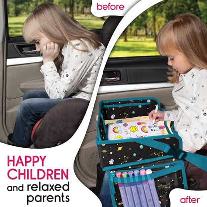 Car Seat Tray for Toddler - Waterproof Carseat Table Top - Kids Travel Tray - Travel and Road Trip Essentials Kids - Lap Desk with Storage -Baby Airplane Travel Accessories (Black) - color: SPACE