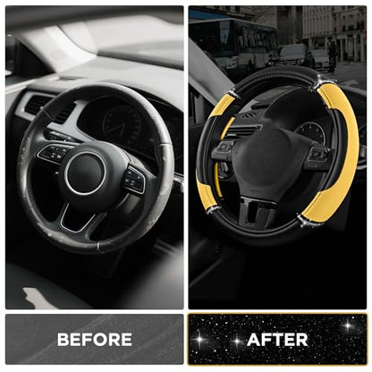Road Comforts Leather Steering Wheel Cover - Made with PVC Leather - Anti-Slip, Universal Fit 14 1/2 inches to 15 inches - Yellow - color: Yellow