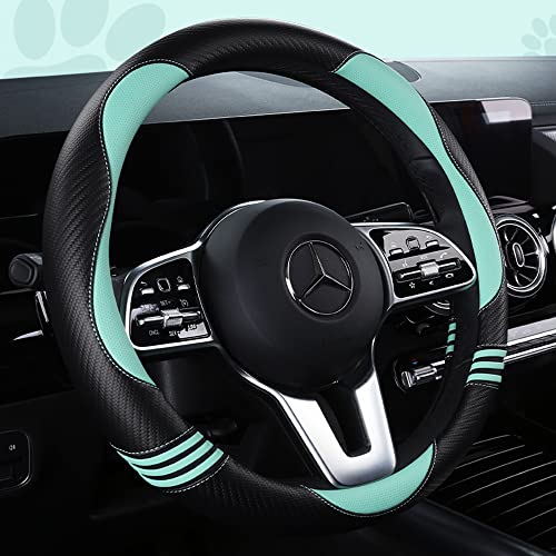 HighnessHwoo Car Steering Wheel Covers for Women Girl Padded Carbon Fiber PU Leather Cute Cartoon Auto Interior Accessories for Jeep, Truck, Universal, Anti Slip, Green, Large Size, 15.2-16in - color: Green+Black, size: Large Size[15.2-16"](38.6-40.5cm)