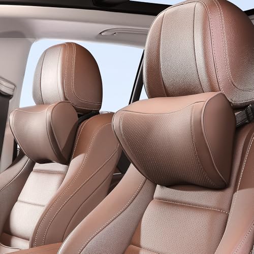 Car Headrest Pillow 100% Memory Foam, Breathable Removable Leather Cover, Premium Seat Support Head Neck Cushion for Driving Travel Home Office, Brown, 2 Pack - color: Brown, size: Headrest 2 Pack