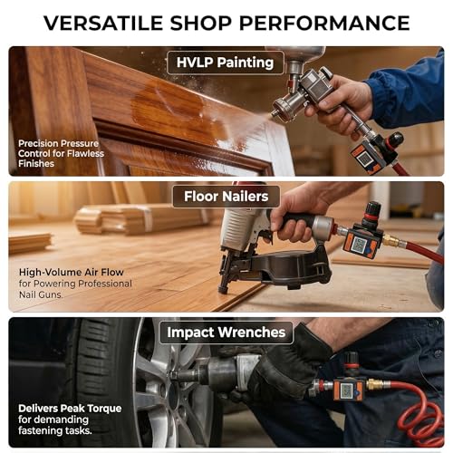 LE LEMATEC Digital Air Pressure Regulator with Locking Valve for Air Slip Prevention, 1/4 NPT Inline Airflow Regulator Up to 160 PSI for Air Compressor, HVLP Spray Paint Gun & Pneumatic Tools (DAR03B) - style: Locking Valve Version