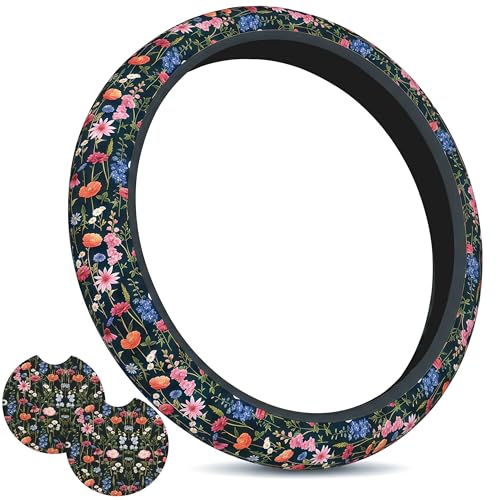 Car Steering Wheel Cover Wildflower Floral for Women Anti-Slip Breathable Universal for 14-15.5 Inch Fit for Car Truck SUV + Cars 2 Pieces Coasters - color: Wildflower