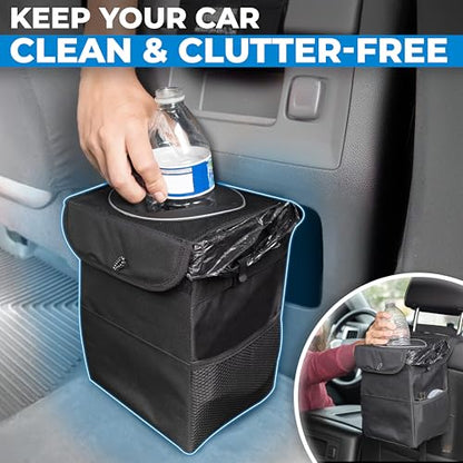 EcoNour Car Trash Can with Lid (1.5 Gallons), Hanging Garbage Can, Water Proof Trash Bag for Car, SUV, Truck, Car Trash Bin (Black), Car Trash Accessories with Multipurpose Storage