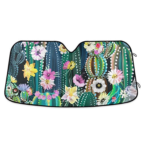 Cactus Succulent Colorful Flower Floral Car Windshield Sun Shade Block UV Rays Sun Visor Protector Accordion Folding Sunshade Keep Vehicle Cool & Damage Free,Fits Windshields of Various Sizes - color: Multicolor-cactus succulent
