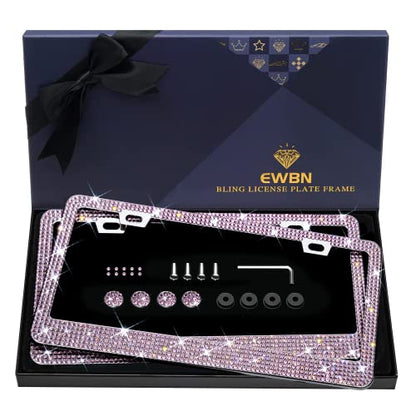 Bling Rhinestone License Plate Frame for Women 2PC，Diamond Sparkly License Plate Frames| Stainless Steel Frames & Over 1200 pcs Finest 14 Facets Glass Crystals Premium Diamond+GiftBox(Pink) - color: Pink-2PK
