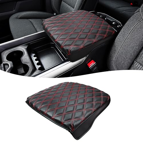 Center Console Cover for Dodge Ram 1500 2019-2026, Bucket Seat, Vinyl Leather Interior Accessories, Car Armrest Cushion Pad, Anti-Scratch, Black-Red Stitch - color: black-red stitch