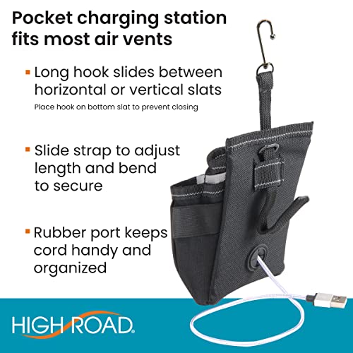 High Road DriverPockets Car Pouch - Air Vent Pocket and Vent Cell Phone Holder for Car - Front Seat Organizer with 3 Pockets, Hanging Hooks and Charging Port - color: Black