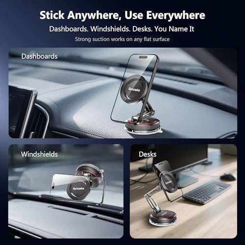 SYNCWIRE for MagSafe Car Mount [3-Axis] Nano Adhesive Gel + Strong Suction Cup Magnetic Phone Holder for Dashboard & Windshield, 360° Adjustable for iPhone 17 16 15 14 13 12, Samsung, Matte Black - style: 3-Axis | Black