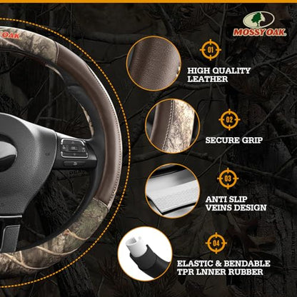 Mossy Oak Full Camo Steering Wheel Cover - Made from Premium Leather, Universal Fit for 14 1/2 to 15 inches - Official Licensed Product - Brown Color - color: BROWN
