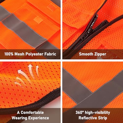 High Visibility Vest Safety Vest with Pockets and Zipper Meets ANSI/ISEA Standard(1 Pack 5 Pack) - color: Orange-mesh, size: X-Large