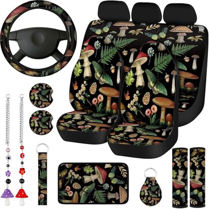 Riakrum 17 Pcs Mushroom Car Seat Covers Mushroom Car Accessories Full Set for Women Men Automotive Rear Front Seat Protector View Mirror Hanging Ornament Steer Wheel Belt Cover (Butterfly Mushrooms) - style: Butterfly Mushrooms