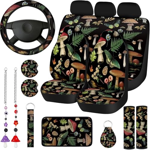 Riakrum 17 Pcs Mushroom Car Seat Covers Mushroom Car Accessories Full Set for Women Men Automotive Rear Front Seat Protector View Mirror Hanging Ornament Steer Wheel Belt Cover (Butterfly Mushrooms) - style: Butterfly Mushrooms