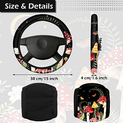 Riakrum 17 Pcs Mushroom Car Seat Covers Car Accessories Full Set for Women Men Automotive Rear Front Seat Protector View Mirror Hanging Ornament Steer Wheel Belt Cover(Forest Mushroom) - style: Forest Mushroom