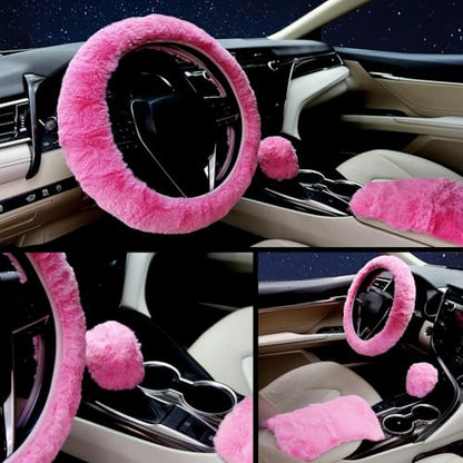 Furry Car Steering Wheel Cover with Fluffy Gear Shift Cover and Center Console Cover, Soft Warm Plush Non-Slip, 14 1/2-15 inch, for Women Girls 3 PCS Set, Pink - color: 3 pcs set - pink