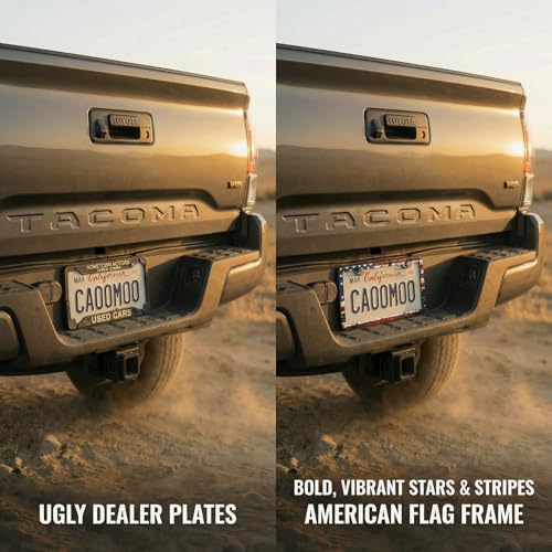 2 Pack License Plate Frames (USA American Flag Design) - Stainless Steel License Plate Frame with Screws Fasteners Caps (Rustic) - style: Rustic