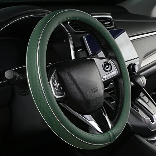 ALEMODR Green Leather Steering Wheel Cover Fiber Strip Car Steering Wheel Cover Universal 15 inch - color: Green