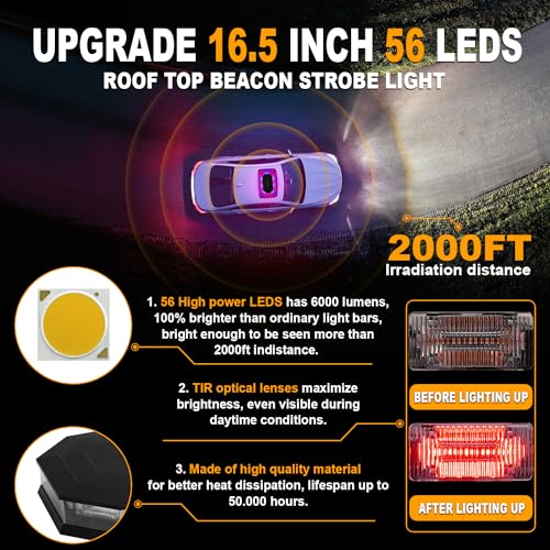 ASPL 16.5 Inch Roof Top Beacon Emergency Strobe Light 56 LED Magnetic Warning Caution lights bar Traffic Hazard Plow Light for Trucks Vehicles Construction Snowplow (Red/Blue) - color: Red/Blue