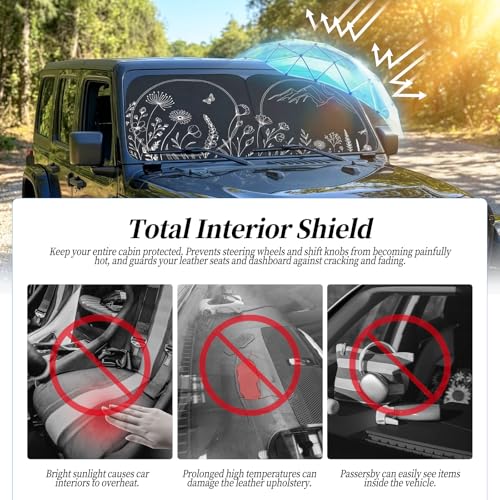 63"x28.5" Car Windshield Sun Shade with Storage Pouch, Stylish Printed Front Window Sunshade with Double Ring Frame, Universal Fit Foldable Heat Blocker & UV Protector for SUV, Sedan (Line Plants) - color: Line Plants
