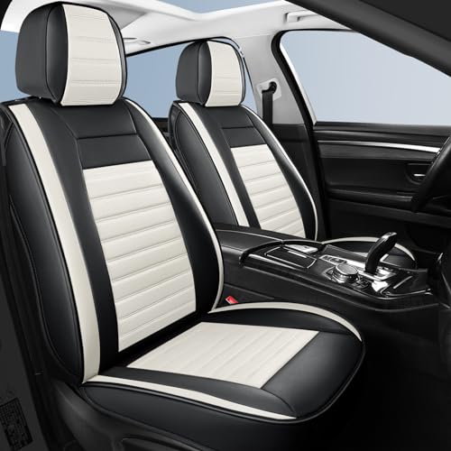 HChengkikz Car Seat Covers Front Pair, Breathable Nappa Leather Seat Covers for Cars, Universal Auto Interiors Car Seat Cushions for Most Sedans SUV Truck (2 PCS Front Seat, Black + Cream) - color: Style2 Black+Cream, size: Front Seat