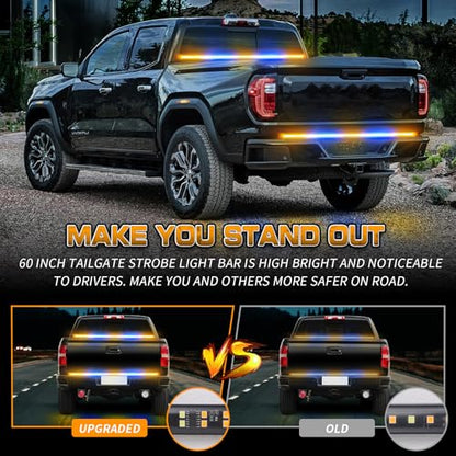XRIDONSEN 60 inch Amber Blue Truck Tailgate Strobe Lights Strip 360 LED Tail Light Bar Flashing Warning Hazard Safety Rear Emergency Lights for Tow Plow Trucks Construction Vehicles Pickup Trailer - color: Amber/Blue