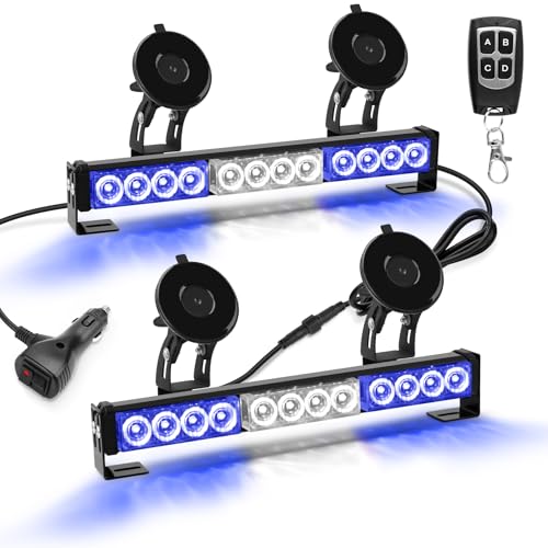 Blue White LED Emergency Lights for Vehicles First Responder Strobe Lights Bar for Firefighters Police Trucks Blue and White 23 Flash Patterns 2pcs 12.8 inch Wireless Remote Control Warning Lights - color: Blue White