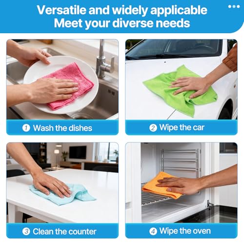 QYL Microfiber Cleaning Cloth,12 Pack Cleaning Rags, Cleaning Towels with 4 Color Assorted, 11.8"X11.8"(Green/Blue/Yellow/Pink)