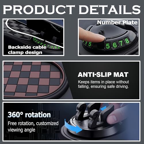 Multifunction Car Anti-Slip Mat, 2026 Upgraded Rotatable Anti Skid Car Dashboard Pad with Temporary Parking Numbe, Car Accessories for Phones Sunglasses Keys Gadgets (Brown) - color: Brown