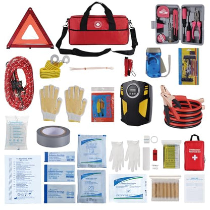 All-in-One Car Emergency Kit with Digital Tire Inflator, Jumper Cable, Tow Strap, Reflective Triangle, First Aid Kit, Hand Crank Flashlight, and Repair Tools for Roadside Safety (Red) - color: Red