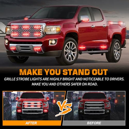 XRIDONSEN 8PCS Sync Red Grill Emergency Lights 32 LED Grille Surface Mount Firefighter Police Lights Strobe Flashing Warning Safety Hazard First Responder Light for Vehicles Firefighters Trucks Car - color: Red