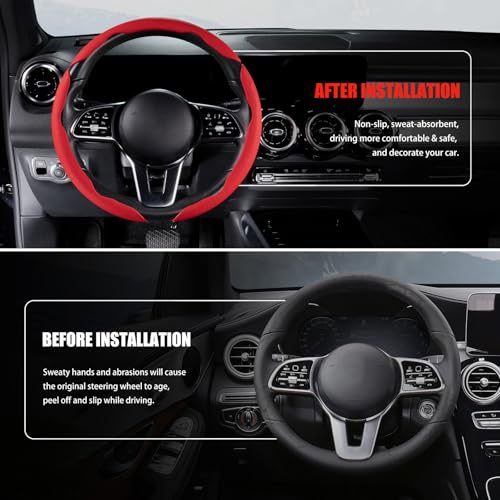 Nappa Leather Car Steering Wheel Cover for Men Women, Ultra-Thin Non-Slip Breathable Microfibre, Universal for 14.5"-15" Steering Wheel - Red - color: Red