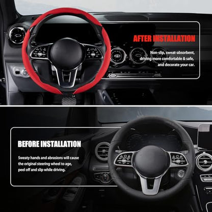 Nappa Leather Car Steering Wheel Cover for Men Women, Ultra-Thin Non-Slip Breathable Microfibre, Universal for 14.5"-15" Steering Wheel - Red - color: Red
