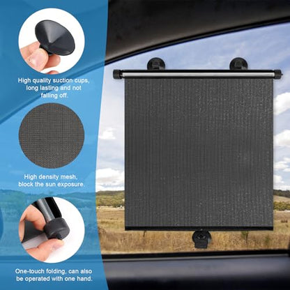 Car Window Shades for Baby, 2 Pack Retractable Side Window Sun Shade with Suction Cups, Blocks UV Rays & Heat Glare Protection, Roller Sunshade for Kids, Pets, and Car Passengers (15x17 Inch)
