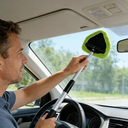 Microfiber Car Windshield Cleaning Tool with Extendable Handle,Car Defogging Glass Cleaning Brush with 4 Reusable Microfiber Pads 1 Spray Bottle and 1 Car Dust Removal Brush. (Green) - color: green