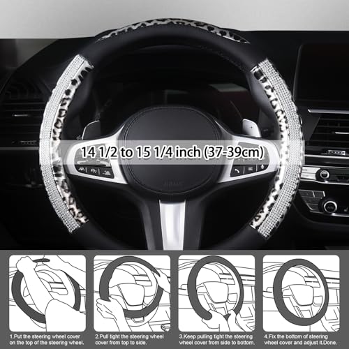AUTOYOUTH Leopard Steering Wheel Cover - Bling Crystal Rhinestones Cheetah Print on Leather Non-Slip Breathable Design for Women/Girls Universal Fit 14.5-15 Inch(Black & Silver) - color: BLACK SILVER