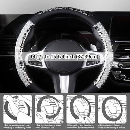 AUTOYOUTH Leopard Steering Wheel Cover - Bling Crystal Rhinestones Cheetah Print on Leather Non-Slip Breathable Design for Women/Girls Universal Fit 14.5-15 Inch(Black & Silver) - color: BLACK SILVER