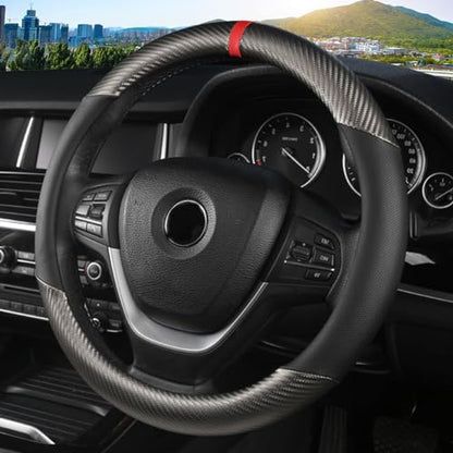 KAFEEK Classic Carbon Fiber Steering Wheel Cover, Universal 15 inch, Breathable Microfiber Leather, Gray - color: Gray, size: Standard Size[14.5"-15"]