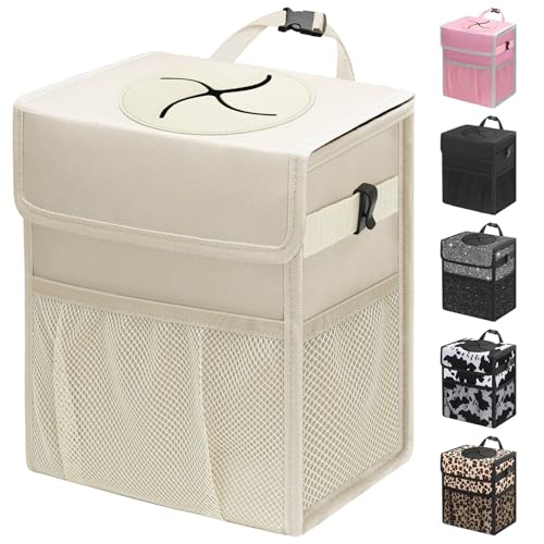 Capolo Car Trash Can with Lid, Leakproof Car Trash Bag Hanging Waterproof Automotive Garbage Can with Storage Pockets Mini Vehicle Trash Bin for Back/Front Seat(Beige,2.5 Gallon) - color: Beige, size: 2.5 Gallons