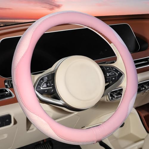 ZHOL Light Pink Steering Wheel Cover, Breathable Microfiber Leather Anti-Slip Cute Car Steering Wheel Cover for Women, Warm in Winter and Cool in Summer, 15 Inch - color: Round-Pink
