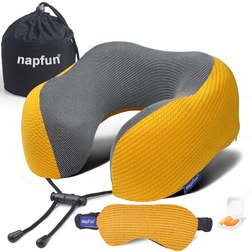napfun Neck Pillow for Travel with Travel Pouch, Sleep Mask & Earplugs, Memory Foam Airplane Pillow for Headrest Sleep with Eyeshades, Plane Essentials with Eye Blindfold, Yellow Striped Kit - color: Yellow Striped Kit