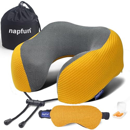 napfun Neck Pillow for Travel with Travel Pouch, Sleep Mask & Earplugs, Memory Foam Airplane Pillow for Headrest Sleep with Eyeshades, Plane Essentials with Eye Blindfold, Yellow Striped Kit - color: Yellow Striped Kit