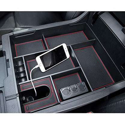 JDMCAR Compatible with Toyota Tundra Accessories 2014-2021 Center Console Organizer, Insert ABS Black Materials Tray, Armrest Secondary Storage Box - Full Tray -Red Trim - color: RED