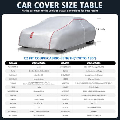 Car Cover Waterproof All Weather, 60 S Quick Install Underbody Wrap-Around Mount Car Covers for Automobiles （Copue-178 to 185 in） - size: 2（Coupe-C2）