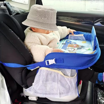 Kids Travel Tray for Car Seat – Toddler Lap Desk with Dry Erase Board, No-Drop Tablet Holder, Cooler Cup & Snack Storage, Road Trip Essentials for Airplane & Car Activities (Blue)