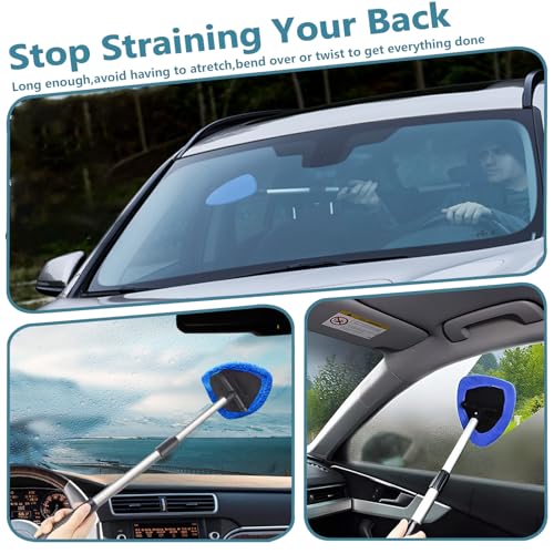 Car Windshield Cleaning Tools, Expandable Car Window Cleaner kit with 4 Reusable Microfiber Pads, 2 Spray Bottles, Windshield Cleaning Wand Tool, Auto Interior Dust Brush, for Trucks, SUVs, RVs etc - color: blue