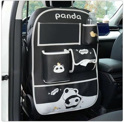 YUNZLAN Cute Panda Leather Car Backseat Organizer 1 Pack Car Seat Back Protectors with Clear 10" Tablet Holder + 4 Storage Pockets - color: Black