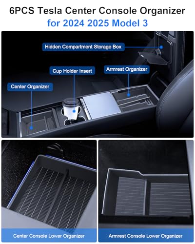 for Tesla Center Console Organizer Model Y Juniper Model 3 Highland Accessories 2025 2026 Upgrade Refreshed Car Organizer Storage Tray Hidden Storage Box Cup Holder Armrest Lower Tray 6PCS - size: Juniper & Highland (Style 4)