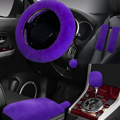 7PCS Set car Interior Aesthetic Accessories, Fluffy 15 inch Steering Wheel Cover, armrest pad, seat Belt Cover,Gear Shift Cover, Fit Girly car Accessories for Women. - color: Purple